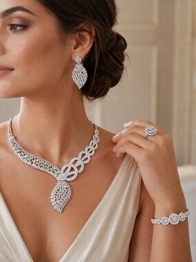 Luxury Silver Tone CZ Bridal Jewelry Set – Necklace Earrings Bracelet Ring
